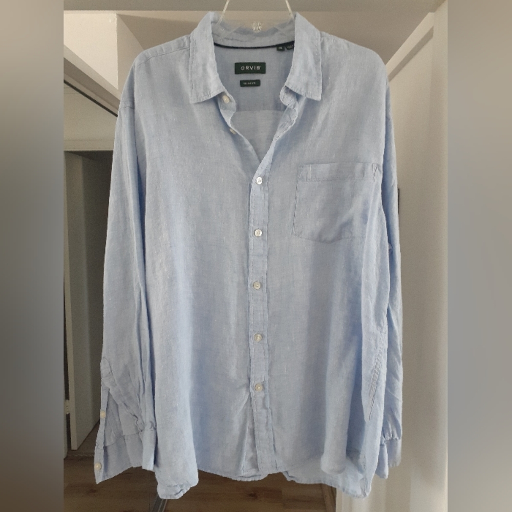 Men's Orvis long sleeve linen button down shirt, baby blue XL